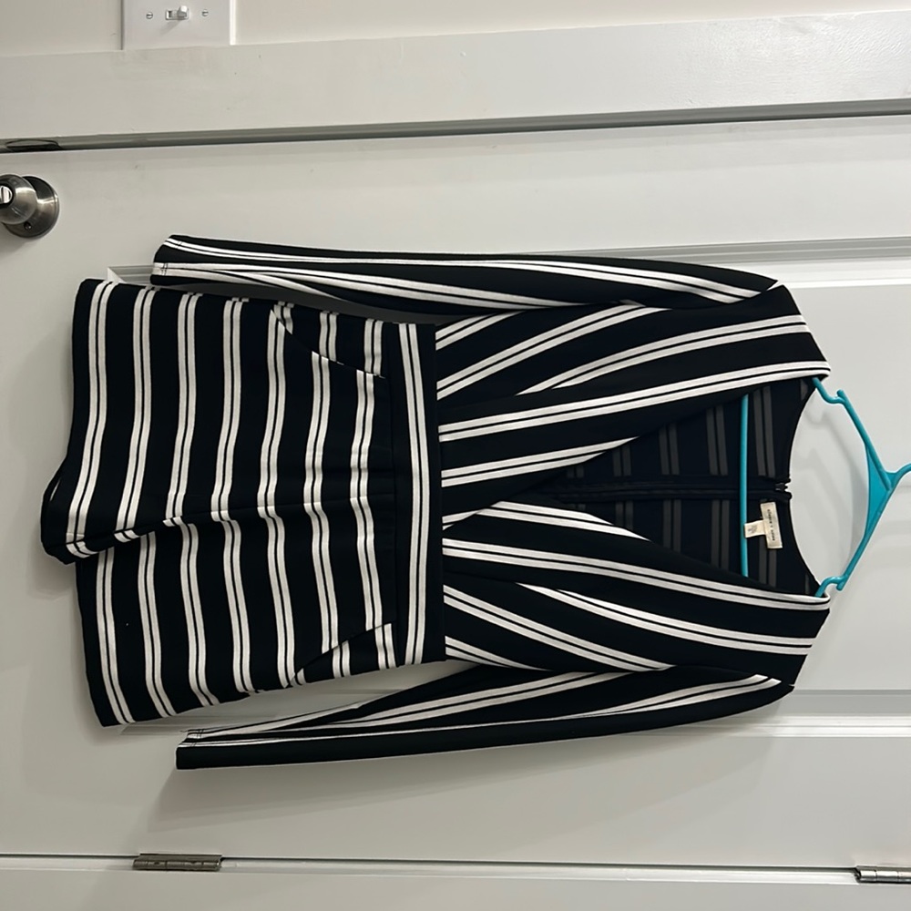Long sleeve romper. Black and white stripe. POCKETS!!! Deep v plunge.